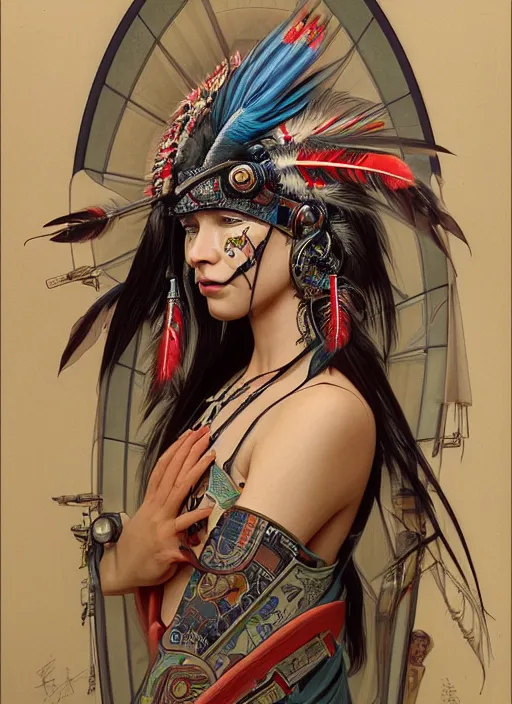 Image similar to seen through a window!! portrait of a cyberpunk machine, machine face, upper half portrait, decorated with feathers, native american, fine china, traditional chinese art, intricate, elegant, highly detailed, headpiece, digital painting, artstation, concept art, smooth, sharp focus, illustration, art by artgerm and greg rutkowski and alphonse mucha, 8 k