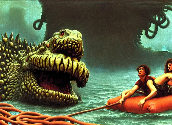 Prompt: photo of wet slimy godzilla attacking the raft of the medusa, by lawrance alma - tadema by roger corman by richard corben by rick baker, fujifilm velvia 5 0. masterpiece. intricate, hyper realism, high detail, octane render, unreal engine, 8 k, by katsuhiro otomo
