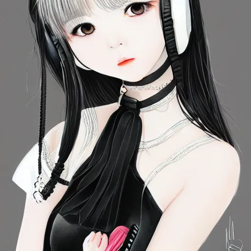 Image similar to realistic detailed semirealism beautiful gorgeous natural cute Blackpink Lalisa Manoban black hair black cat ears, wearing white camisole outfit, headphones, black leather choker artwork drawn full HD 4K high resolution quality artstyle professional artists WLOP, Aztodio, Taejune Kim, Guweiz, Pixiv, Instagram, Artstation