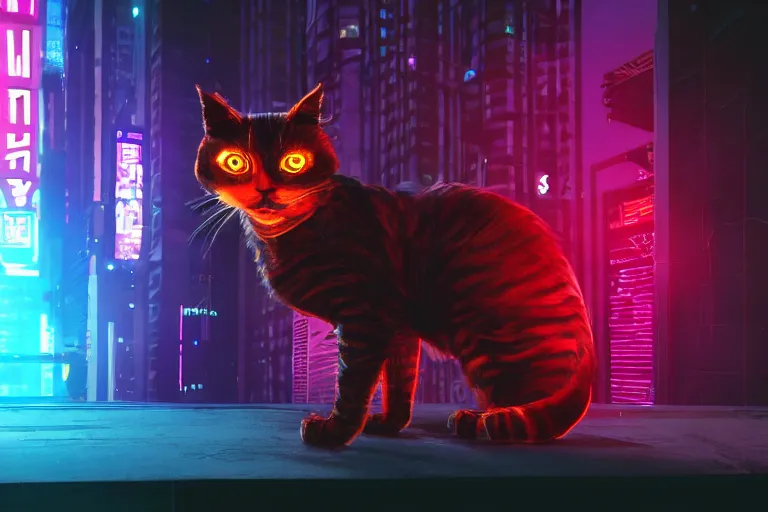 Prompt: cyberpunk ginger cat in the city, neon lighting, rendered in unreal engine, trending on artstation