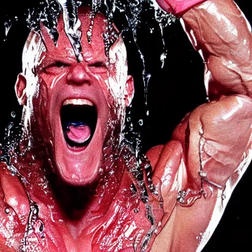 Prompt: 1 9 9 0's wwe publicity photo, a giant muscular man covered in wet reflective slime crawling out of a giant slimy wet cocoon, screaming in agony, inside a secret occult dark evil lab, ultra - detailed, photorealistic