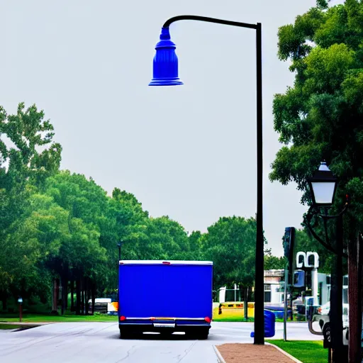 Image similar to blue truck dangling from atop a street light pole