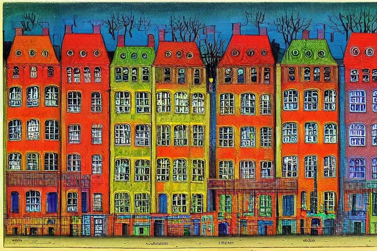 Image similar to Colorful haunted tenements of the industrial revolution by Louis Wain (1920)