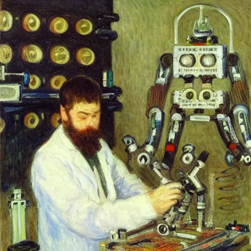 Image similar to a young man with brown hair and short beard building a robot in his lab in berlin by monet