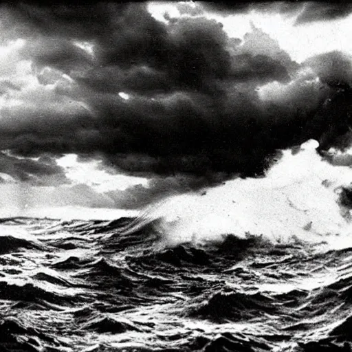 Prompt: “Spongebob in a violent stormy ocean, 1900s photograph”