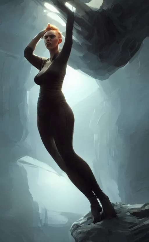 Image similar to scarlett johansson with an very long torso, possibly extra limbs, artgerm, intricate, detailed, volumetric lighting, digital painting, concept art, greg rutkowski