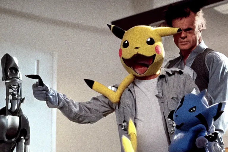 Prompt: Jack Nicholson in costume of Pikachu Terminator, scene where his endoskeleton gets exposed, still from the film