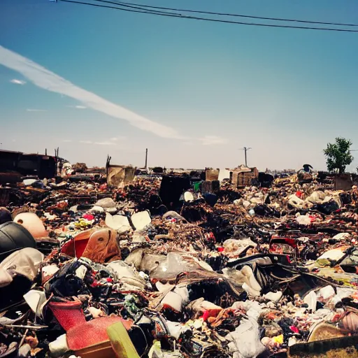 Image similar to view from ground level of a landscape full of junkyards, garbage heaps and recycled electronic gear all covered in a thin layer of transparent strawberry jelly