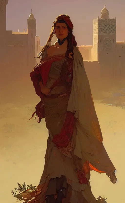 Image similar to a personification of the country morocco, highly detailed, digital painting, artstation, concept art, sharp focus, illustration, art by greg rutkowski and alphonse mucha