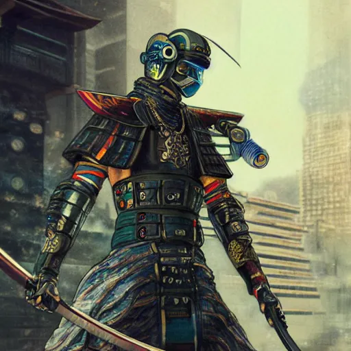 Prompt: Ninja samurai cowboy cyborg, high detail, 4 K, cyberpunk, depth of field, unreal engine. Chie Yoshii style,