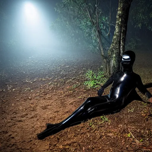 Image similar to national geographic photo, a man wearing a black shiny latex suit including pants and a shirt and mask laying on the ground and crawling through dense jungle underbrush, night photo, low fog and mist