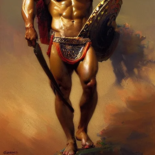 Image similar to Young greek god, muscular, greek armor, detailed face, thighs, painting by Gaston Bussiere, Craig Mullins