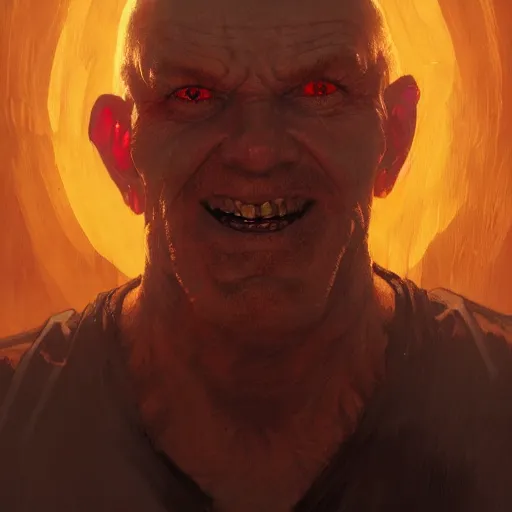 Image similar to portrait of a red bald man with black eyes and a black smile, horror, glowing eyes, by Stanley Artgerm Lau , greg rutkowski, thomas kindkade, alphonse mucha, loish, norman rockwell. Trending on artstation detailed illustration hd 4k