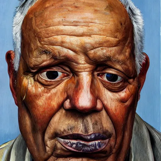 Image similar to high quality high detail painting by lucian freud, hd, portrait of an older man, worried, sad, handsome face, brown skin, short white beard, a tear falls from his right eye, photorealistic lighting