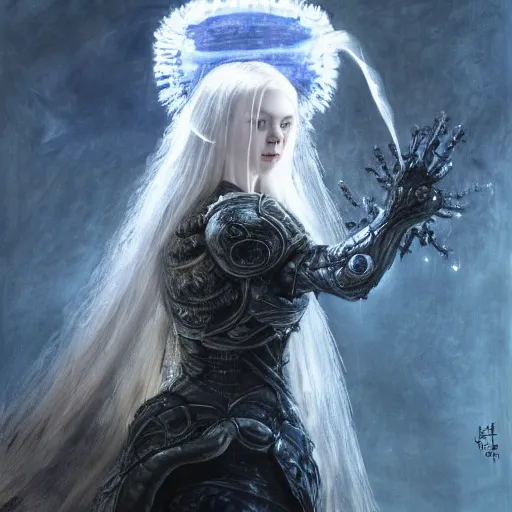 Prompt: ultra realistic portrait painting of elle fanning in dark souls, wearing bioluminescent jellyfish armor, art by frank frazetta, 4 k, ultra realistic, highly detailed, epic lighting