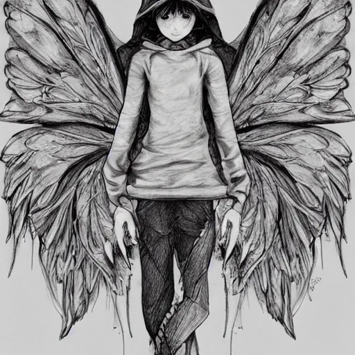 Image similar to a fairy girl, wearing a hoodie and sweatpants, symmetrical wings, wings made of pizza, basic white background, symmetrical, watercolor, pen and ink, intricate line drawings, by Yoshitaka Amano, Ruan Jia, Kentaro Miura, Artgerm, detailed, trending on artstation, hd, masterpiece,