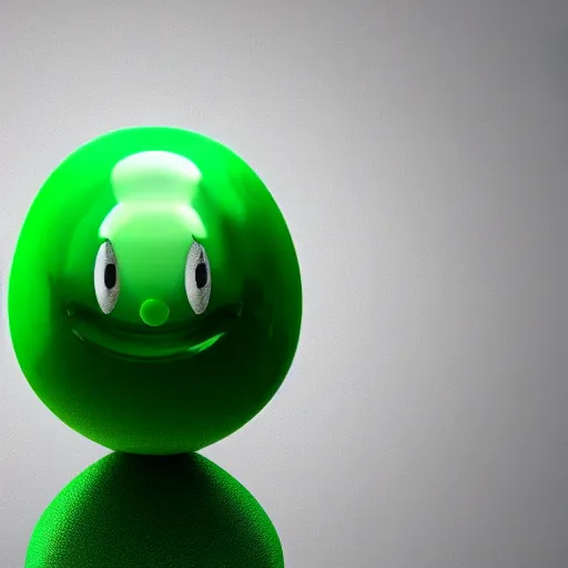 Prompt: 3 d octane render of a transparent chibi green slimeball character with eyes