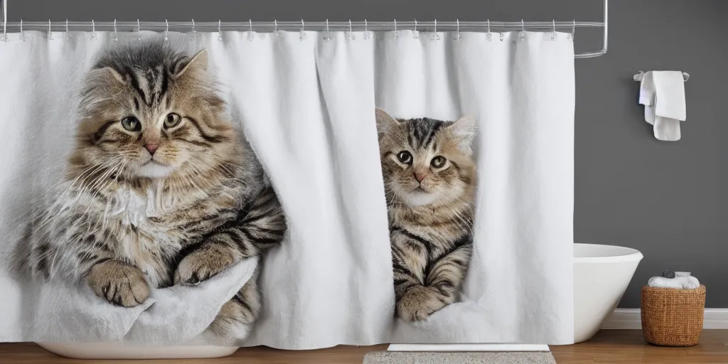 Image similar to shower curtain product catalog. wide - angle photo. on the curtain is an oil painting of a fluffy tabby cat with a towel wrapped around its head, product photography of a shower curtain, product lighting. 4 k, highly detailed. saturated.