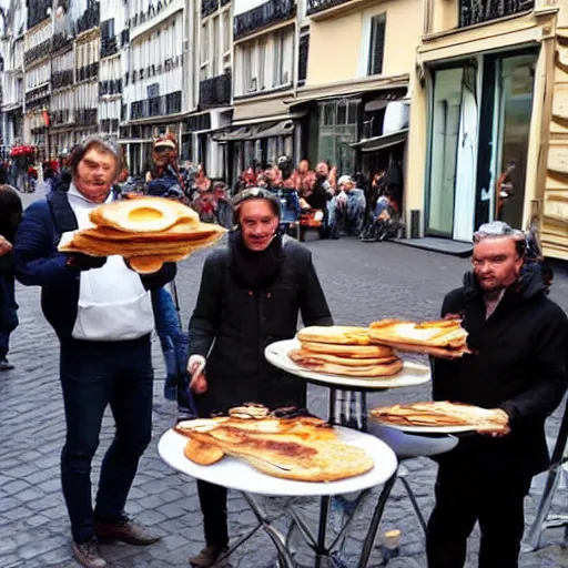 Prompt: dutch chefs impressing the French people with superior pancakes in a street in Paris