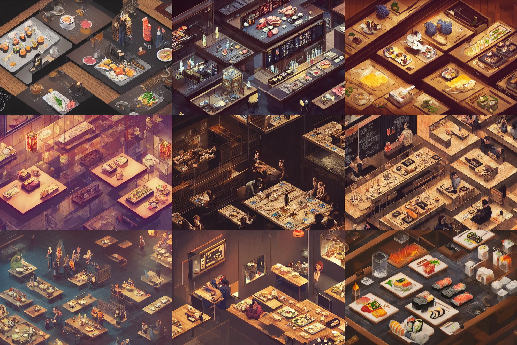 Prompt: portrait isometric drawing, printerest, sushi gourmet restaurant, intricate, epic lighting, cinematic composition, hyper realistic, 8k resolution, unreal engine 5, by Artgerm, tooth wu, dan mumford, beeple, wlop, rossdraws, James Jean, Andrei Riabovitchev, Marc Simonetti, yoshitaka Amano, Artstation