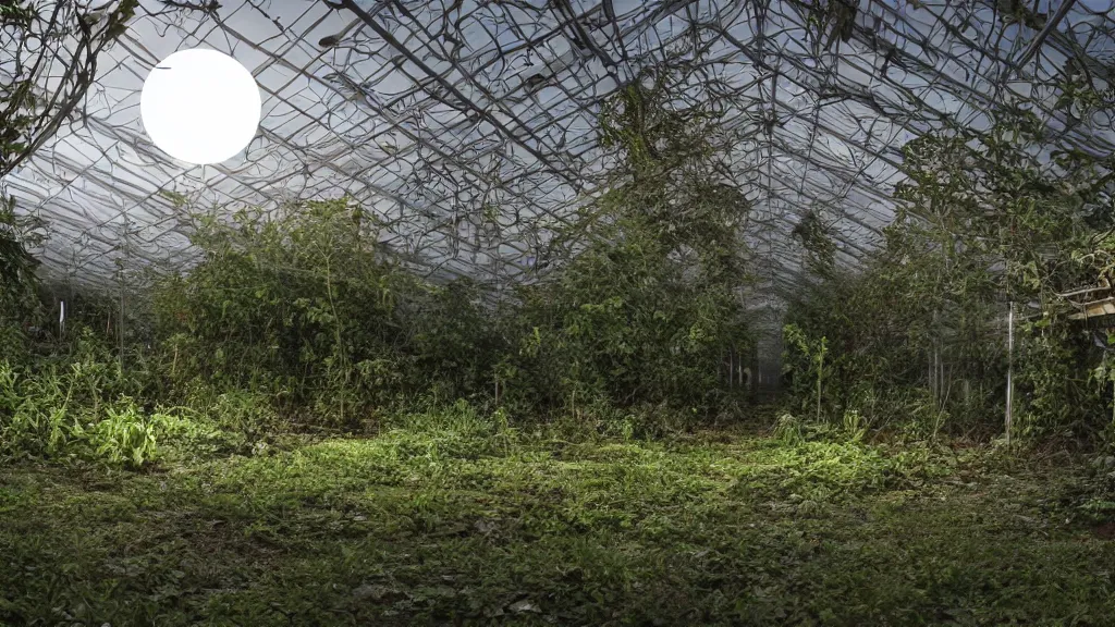 Prompt: exploring an abandoned overgrown greenhouse, at night with full moon, hyperrealistic, ambient lighting highly detailed, 4 k hd