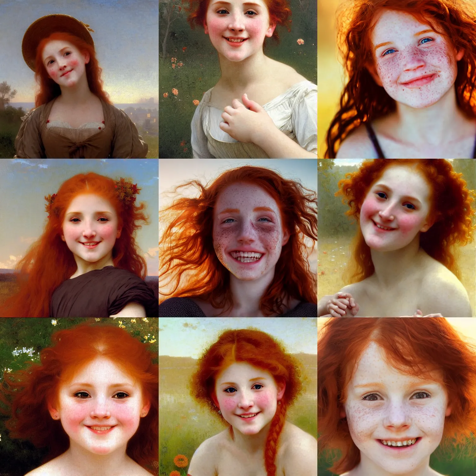 Prompt: close up of redhead happy smiling girl.Freckles.Very Attractive ! Asthetics ! Art by William-Adolphe Bouguereau. During golden hour. Extremely detailed. Beautiful. 4K. Award winning.