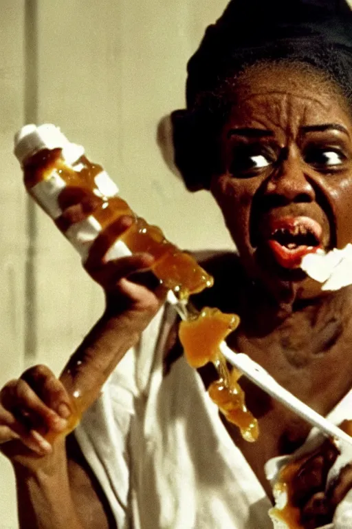 Image similar to aunt jemima covered in maple syrup horror movie cinematic