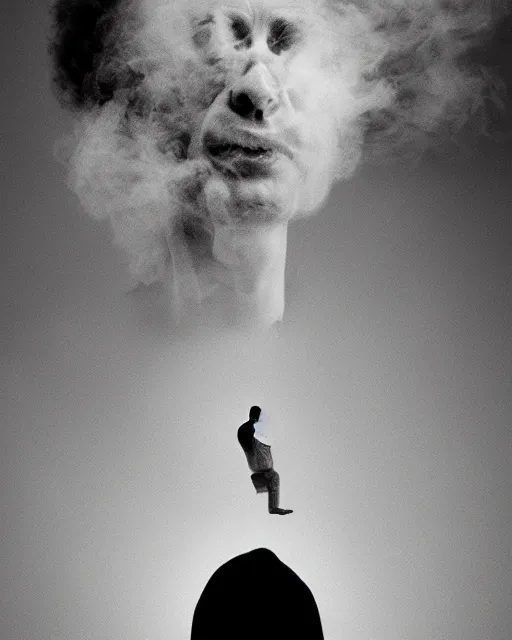 Image similar to annie liebowitz photo of a man who's head is turning into a puff of smoke, black and white