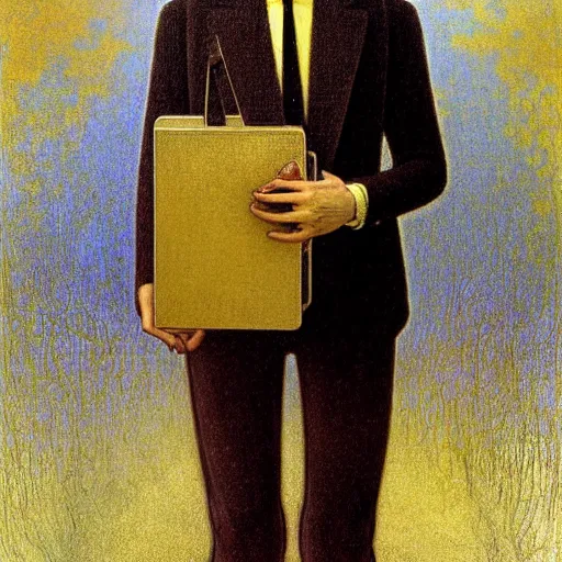 Image similar to realistic extremely detailed portrait painting of. an average. man with his. briefcase .in his. left hand . by Jean Delville, Amano, Yves Tanguy, Alphonse Mucha, Ernst Haeckel, Edward Robert Hughes, Roger Dean, pale muted pastel moody colors, gold eyes