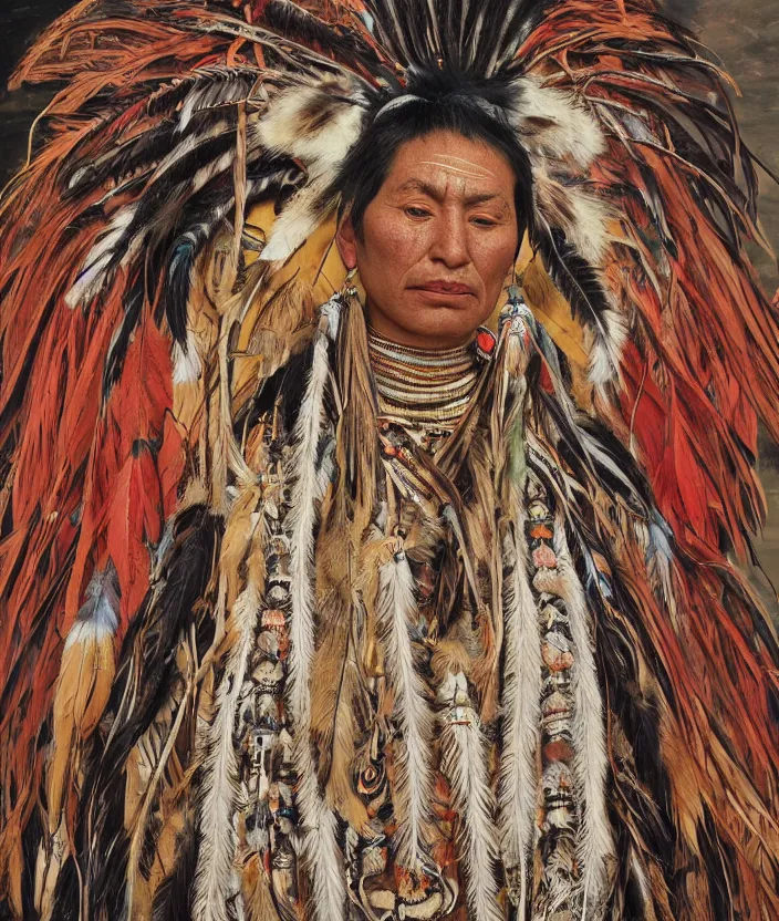 Prompt: full body shot picture of indigenous people young slim fit woman leader in canyon, painted by lucian freud, intricate costume design, beautiful feathers, hd, super detailed, realistic