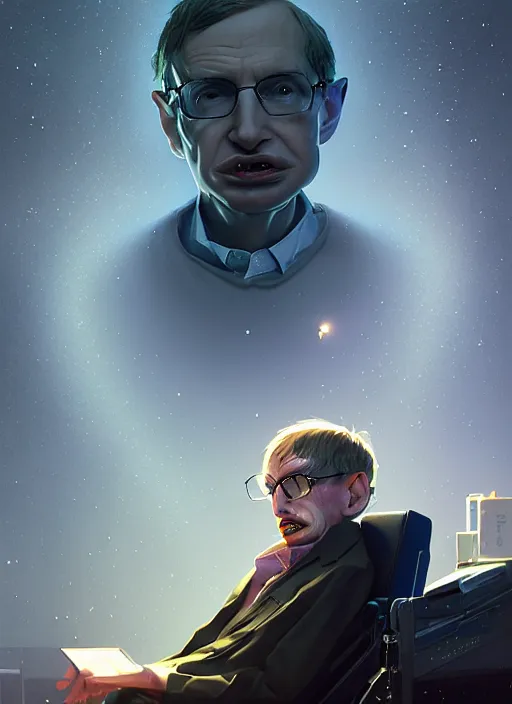 Image similar to highly detailed portrait stephen hawking in gta v, stephen bliss, unreal engine, fantasy art by greg rutkowski, loish, rhads, ferdinand knab, makoto shinkai and lois van baarle, ilya kuvshinov, rossdraws, tom bagshaw, global illumination, radiant light, detailed and intricate environment