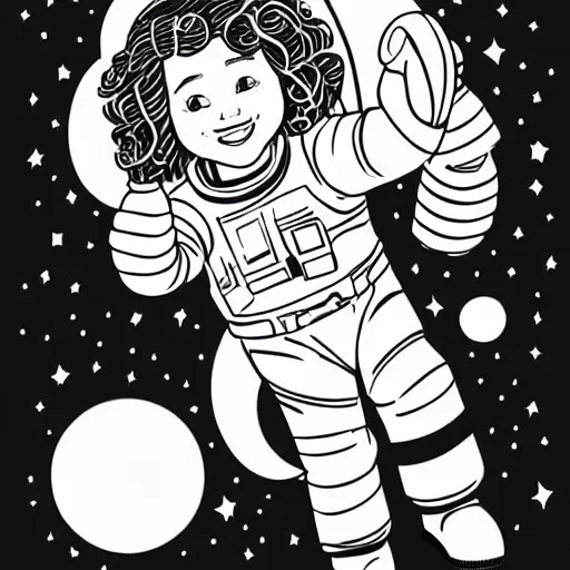 Image similar to clean simple line art of a little girl with long curly hair floating in space. she is an astronaut, wearing a space suit. white background. well composed, clean black and white line drawing, beautiful detailed face. illustration by charlie adlard