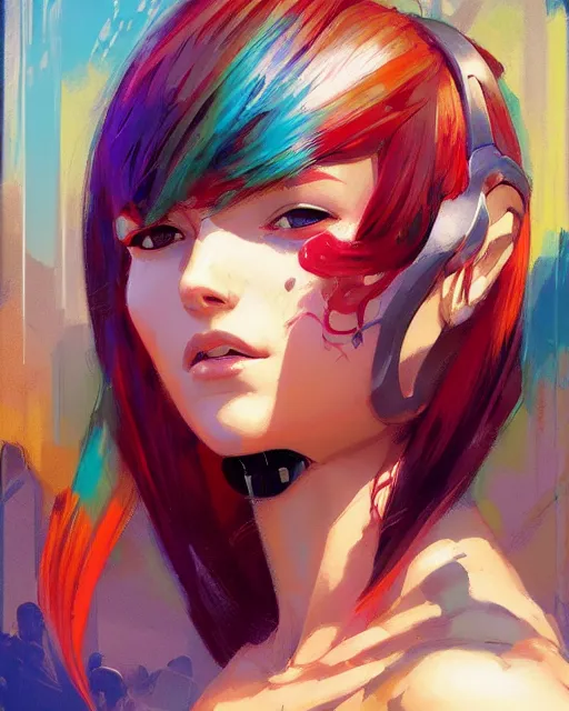 Image similar to half - robot woman with cute - fine - face, pretty face, multicolored hair, realistic shaded perfect face, fine details by realistic shaded lighting poster by ilya kuvshinov katsuhiro otomo, magali villeneuve, artgerm, jeremy lipkin and michael garmash and rob rey