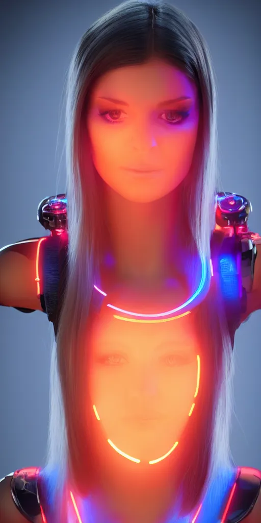 Image similar to a beautiful female cyborg humanoid brunette neon lighting 4 k render 8 5 mm