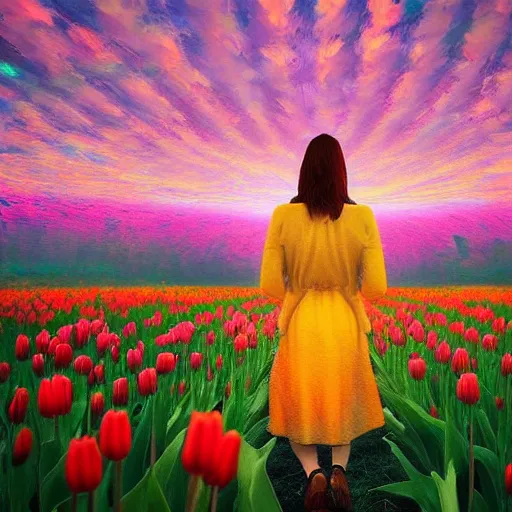 Image similar to large tulip as a face, girl walking in a flower field, surreal photography, sunrise dramatic light, impressionist painting, colorful clouds, digital painting, artstation, simon stalenhag, flower face