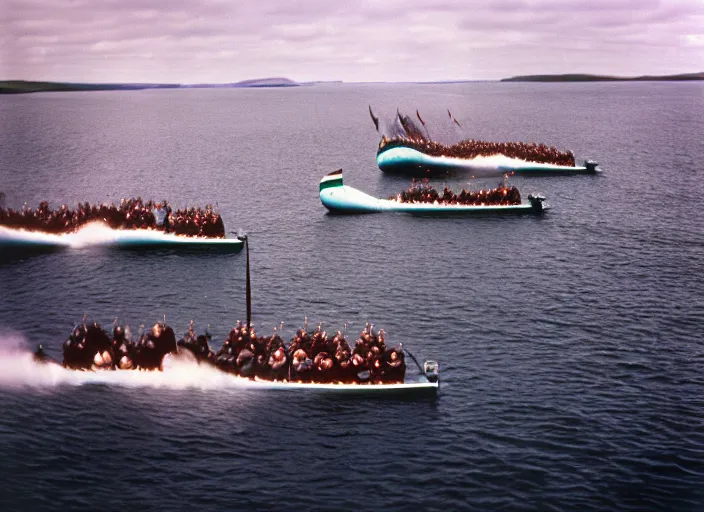 Image similar to photo of beautiful angry viking women in speed boats invading scottland, hyperrealism, fujifilm velvia 5 0