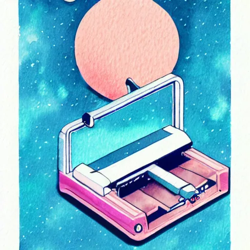 Prompt: isometric watercolor illustration of a printer floating in space