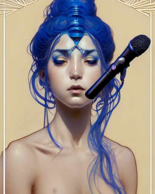 Image similar to portrait of a blue no gender djinn with a microphone, genshin impact, fantasy magic, dark light night, intricate, elegant, sharp focus, illustration, highly detailed, concept art, matte, art by wlop and artgerm and greg rutkowski and alphonse mucha and kidmo, anime, trending on artstation