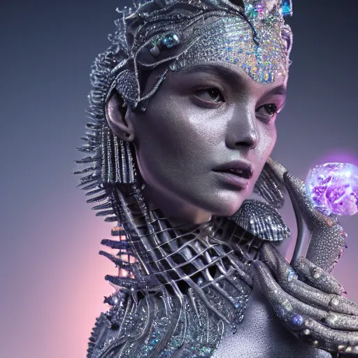 Prompt: full body detailed, ethereal, biomechanical, covered in diamonds and other gems glowing, highly detailed face, elegant posed, intricate, extremy detailed, beeple, cgsociety, 3 d unreal engine octane render. cinematic lighting, highly detailed 4 k art