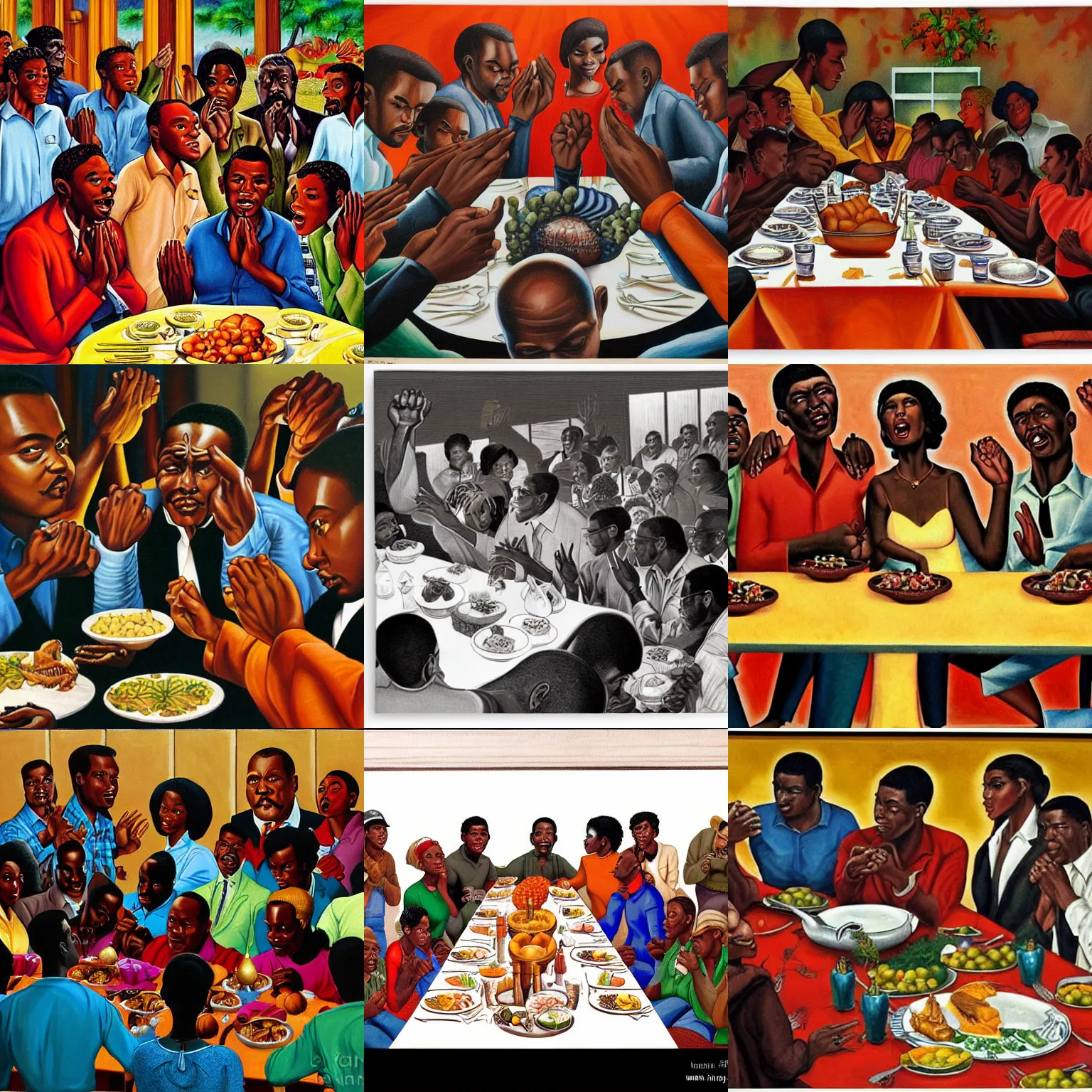 Prompt: black people gathered together eating thanksgiving dinner, happy, sharp facial features, praying holding hands, painted by ernie barnes