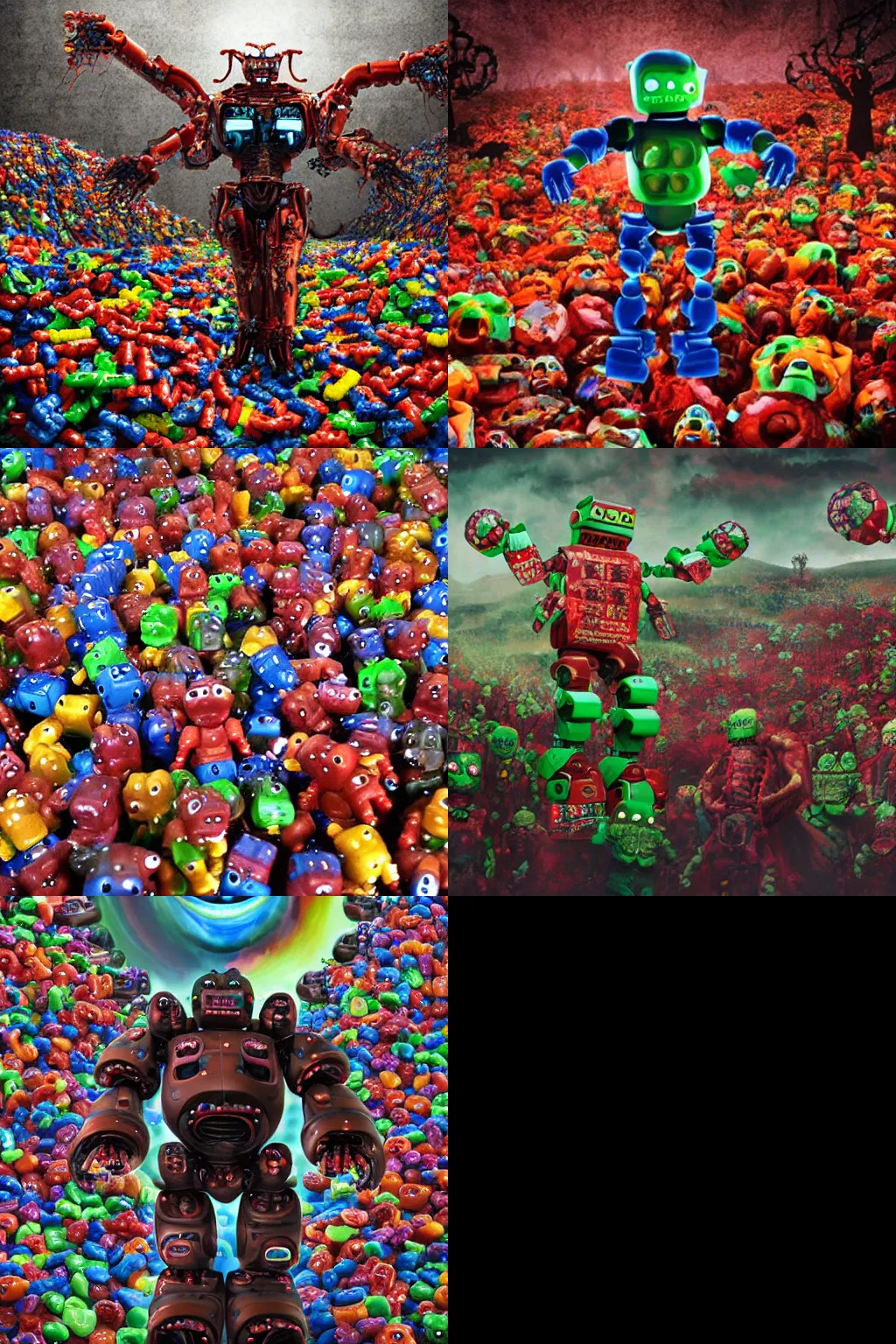 Image similar to panoramic vision of giant humanoid robot demon zombie overlord with gummie bears