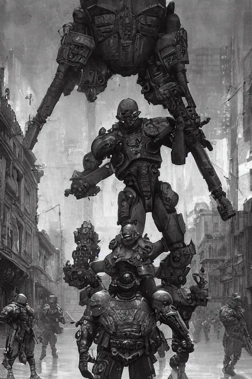 Image similar to soldiers on city street observe a martyn ford as a huge bipedal martian wearing armour, painted by ruan jia, raymond swanland, lawrence alma tadema, zdzislaw beksinski, norman rockwell, jack kirby, tom lovell, alex malveda, greg staples