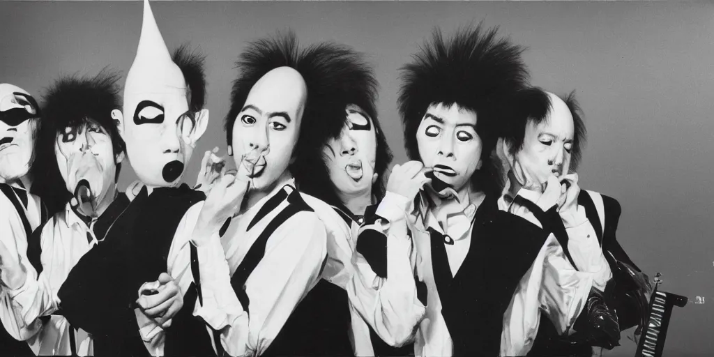 Prompt: coneheads jpop band, 1980s surrealism aesthetic, detailed facial expressions