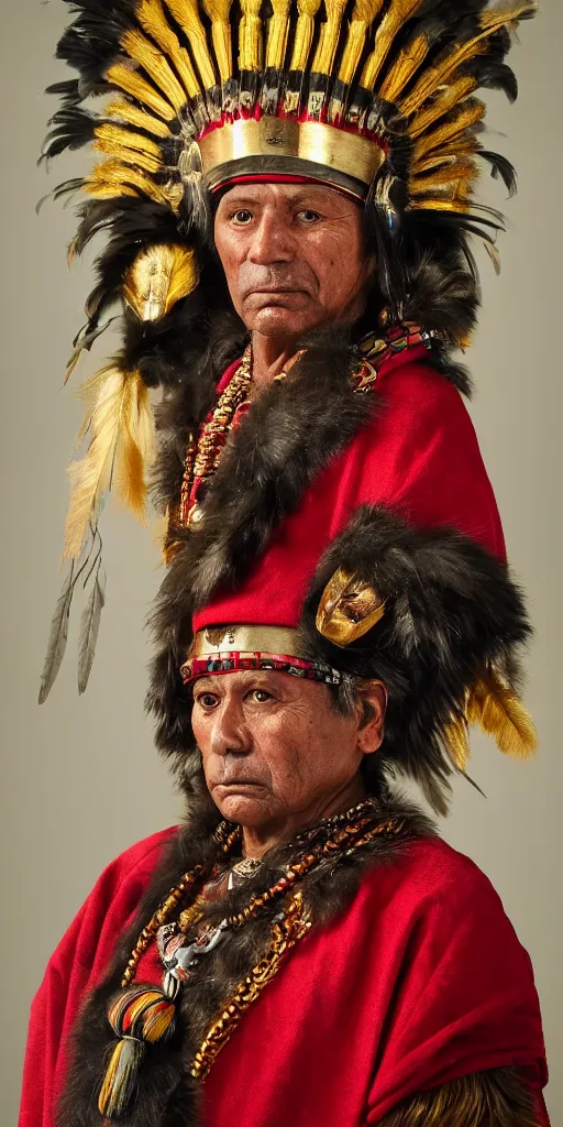 Image similar to portrait of inca king in 1 4 1 8, pacha kutiq inka yupanki. gold jewelry, old headdress with feather, with a red cape. unreal 5, hyper realistic, realistic, photo realistic, dynamic lighting, highly detailed, cinematic landscape, studio landscape, studio lighting
