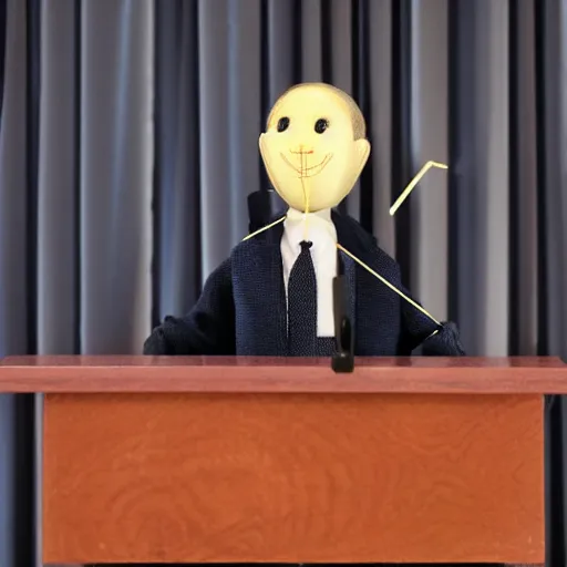 Prompt: press conference with string marionette president in a podium