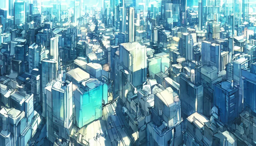 Image similar to cityscape, makoto shinkai style, anime, pixiv fanbox, sunny, blue skies