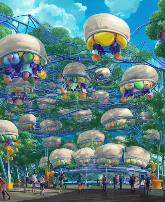 Image similar to a puffy inflated amusement park made out of fat seamless alien isopods, in the style of an aerodynamic obese robot, overgrown with thick orchids, partly cloudy, somber, dramatic lighting, by dan mumford, yusuke murata, makoto shinkai, ross tran, cinematic, unreal engine, cel shaded, featured on artstation, pixiv