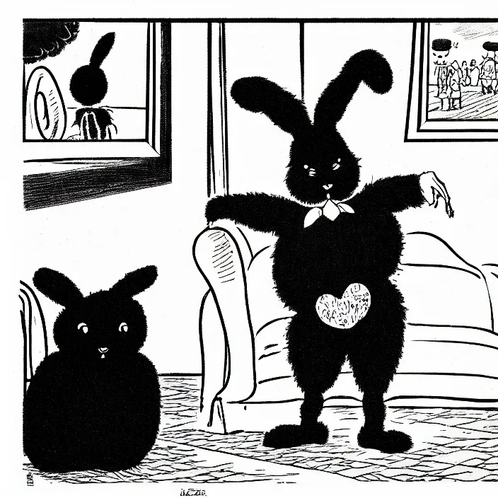 Image similar to a still frame from comic strip, black fluffy hairy furry rabbit on a clean background 1 9 5 0, herluf bidstrup, new yorker illustration, monochrome contrast bw, lineart, manga, tadanori yokoo, simplified,