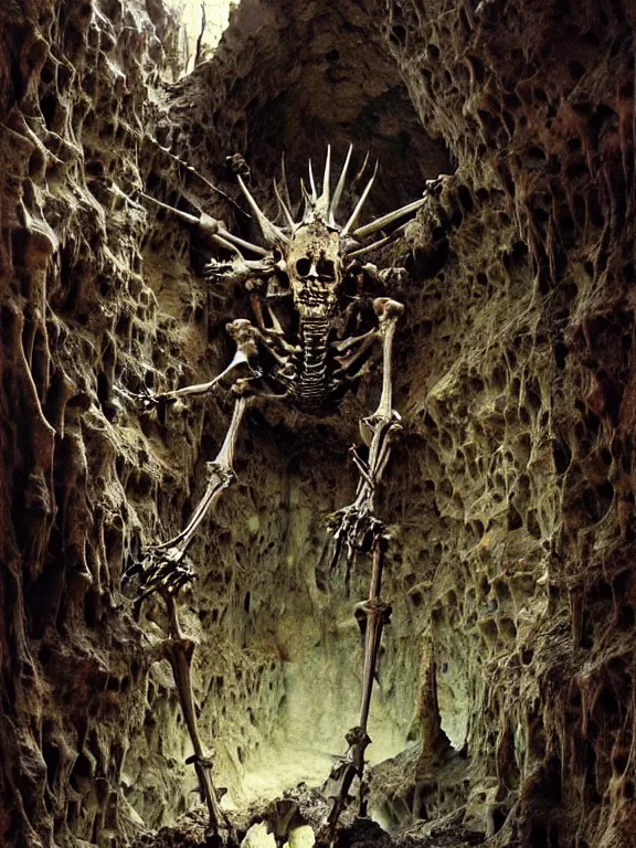 Prompt: A spiked horned skeleton with armored joints stands in a cave. Extremely high detail, realistic, fantasy art, solo, masterpiece, saturated colors, bones, ripped flesh, art by Zdzisław Beksiński, Arthur Rackham, Dariusz Zawadzki