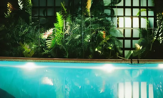 Prompt: indoor pool with ferns and palm trees at night, pool tubes, chromatic abberation, dramatic lighting, depth of field, 80s photo